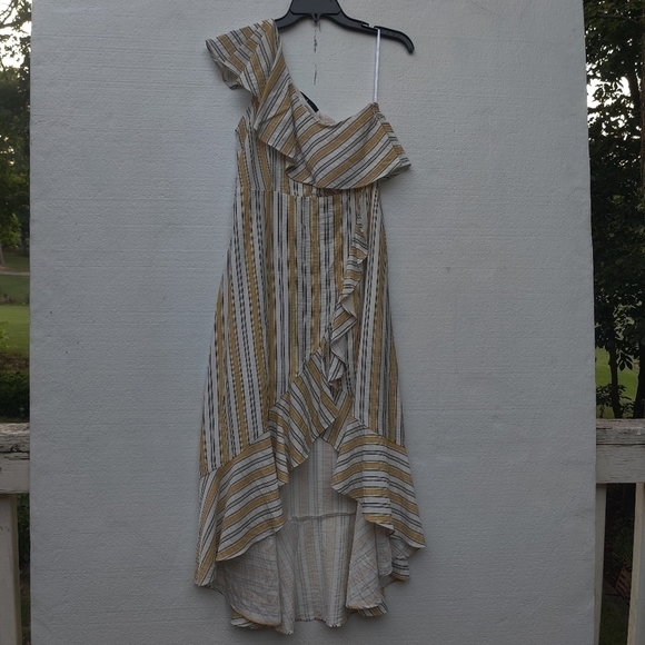 Lulus Midi Dress High Tide One Shoulder Yellow White Striped Women's Size Small - Picture 2 of 9